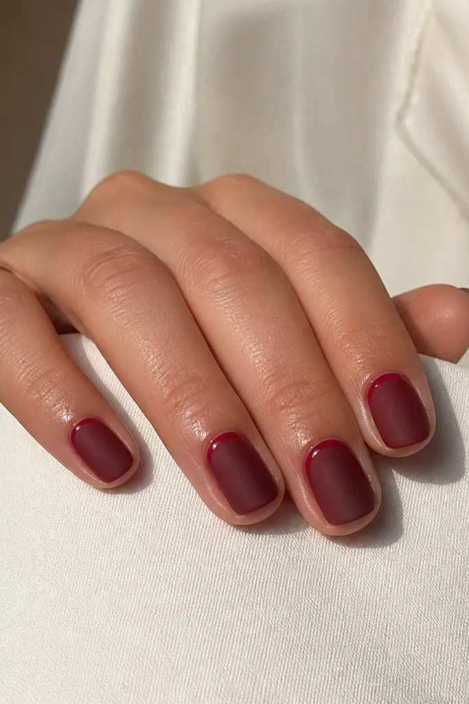 Short nails in dark cherry with a matte velvet finish; the cuticle area has a glossy clear shine ring.