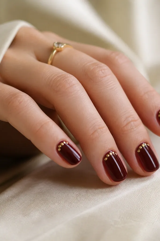 Short dark cherry nails with a tight cluster of tiny gold dots arranged in a half-circle just above the cuticle; glossy finish.