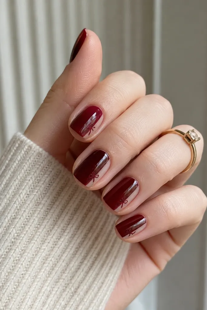 Short nails with a negative space side panel left bare; dark cherry is painted on the rest with a tiny bow-like V shape on one side; glossy.