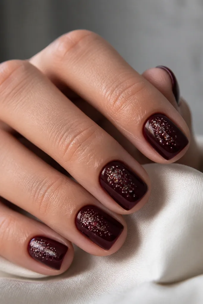 Short dark cherry nails with tiny silver and white specks scattered like stars, concentrated near the center; glossy.
