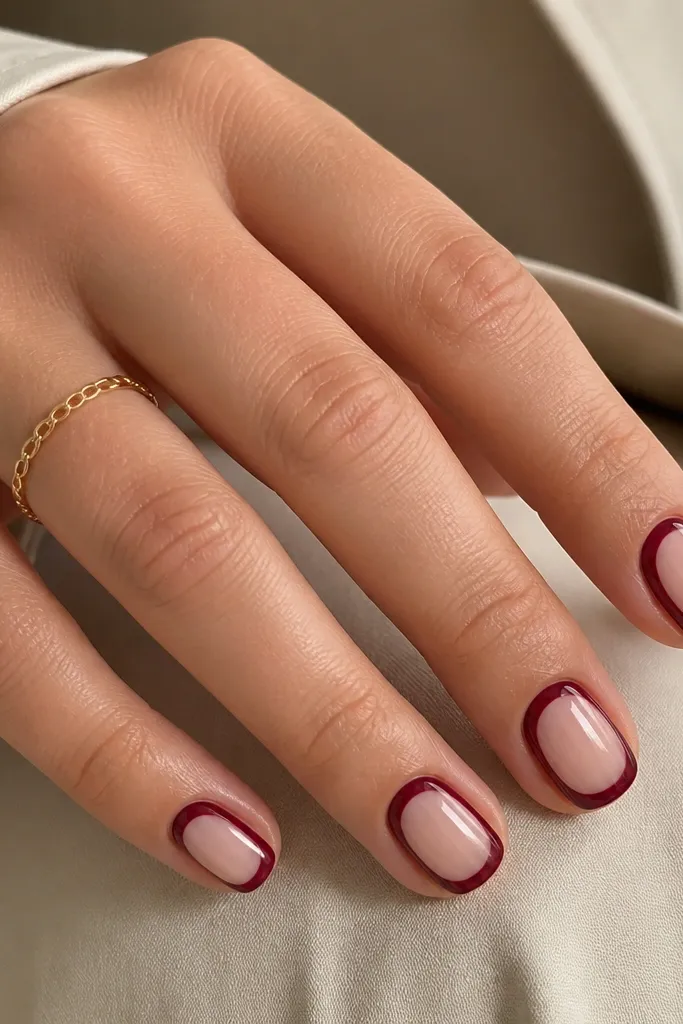 Short nails with a dark cherry outline around the perimeter, leaving a clear or nude center area; glossy and clean edges.
