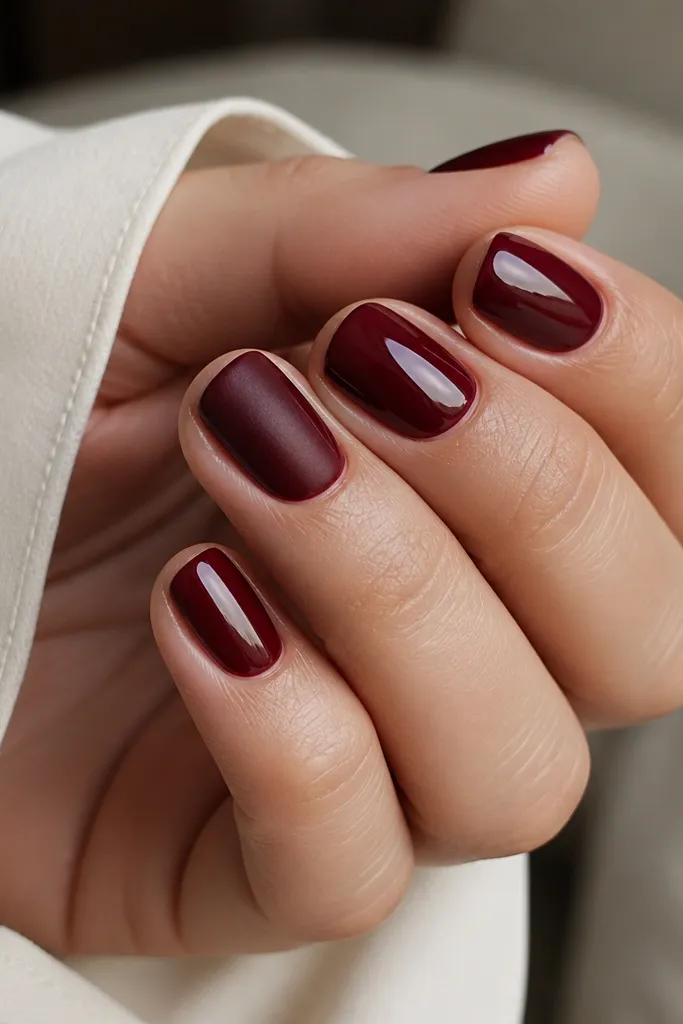 Five short nails painted dark cherry red; four are glossy, one accent nail is matte velvet cherry with glossy cuticle shine.
