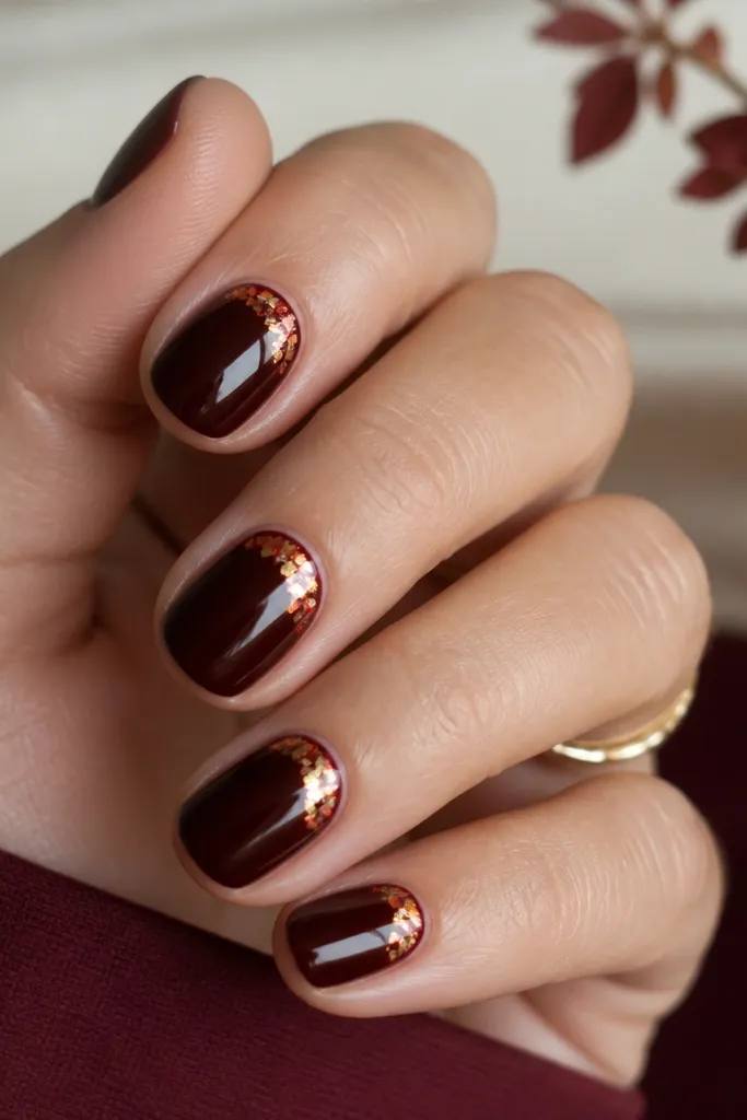 Short dark cherry nails with a small corner cluster of metallic red-gold foil on the upper outer corner; glossy top coat.
