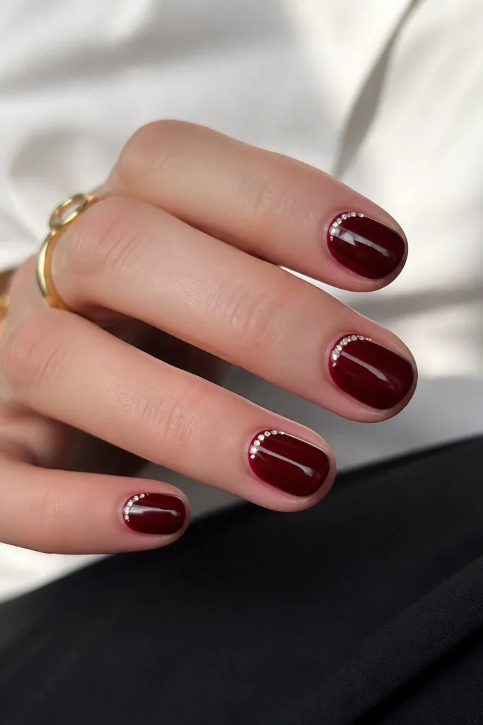 Short nails with dark cherry red base; a thin border near the tip made of tiny clear rhinestones or jewel dots along one side; glossy.