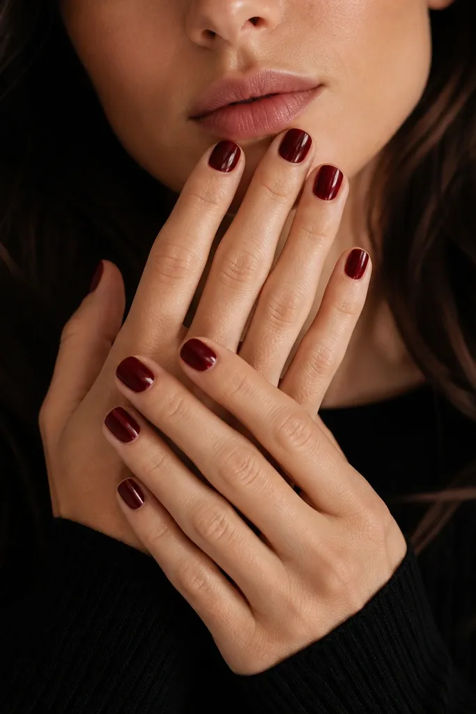 All nails are short square with very glossy dark cherry red polish, no accent marks, light reflections visible on every nail.