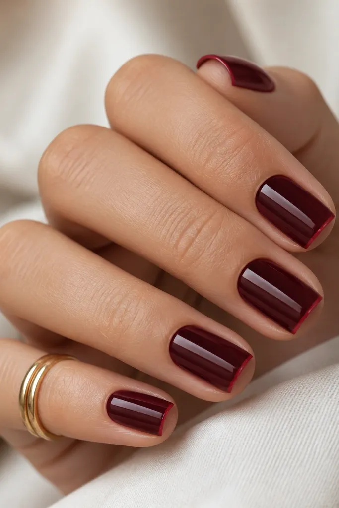 Square nails with a dark cherry red base and a very thin lighter cherry line near the tip, like a micro French, with glossy finish.