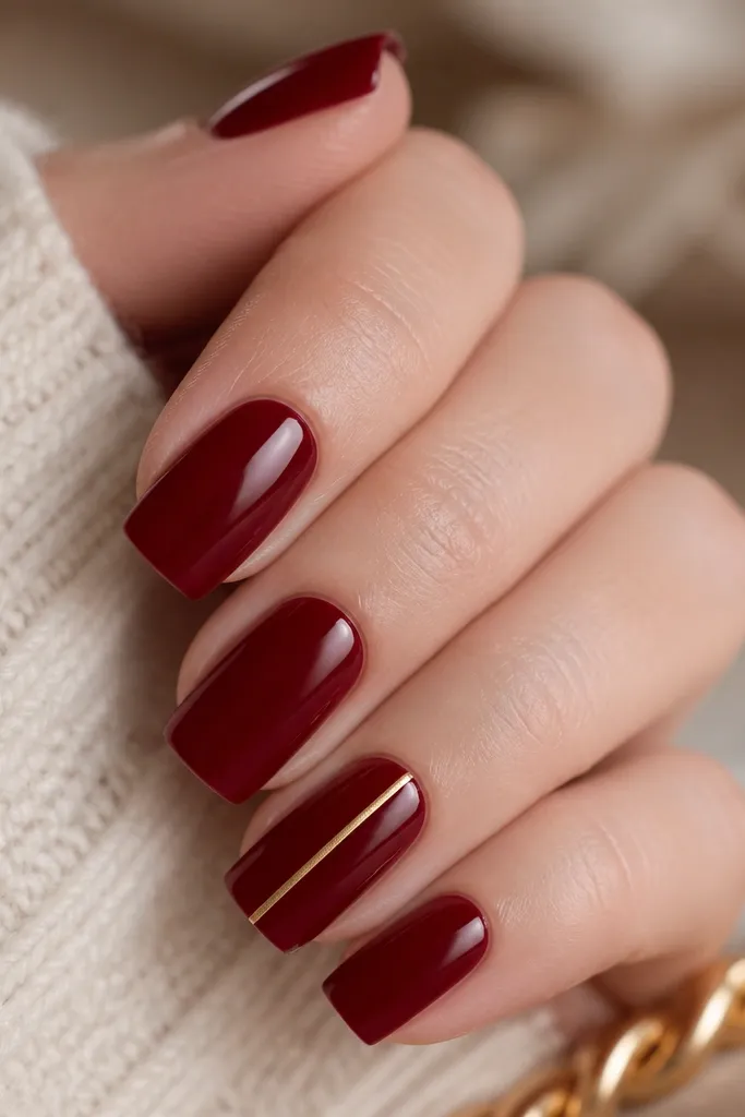 Four nails are solid dark cherry red square; the ring finger has a single thin gold stripe running vertically from near cuticle to almost the tip, glossy.