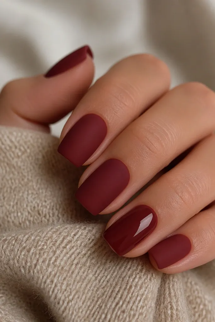 Square nails mostly in matte dark cherry red; one nail has the same color glossy, creating a two-texture contrast.