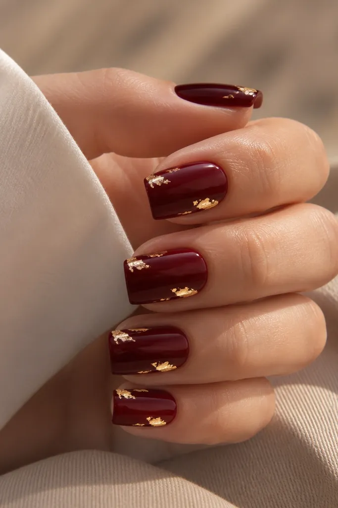 Square dark cherry red nails with small gold foil pieces placed at the top-left and bottom-right corners on each nail, glossy.