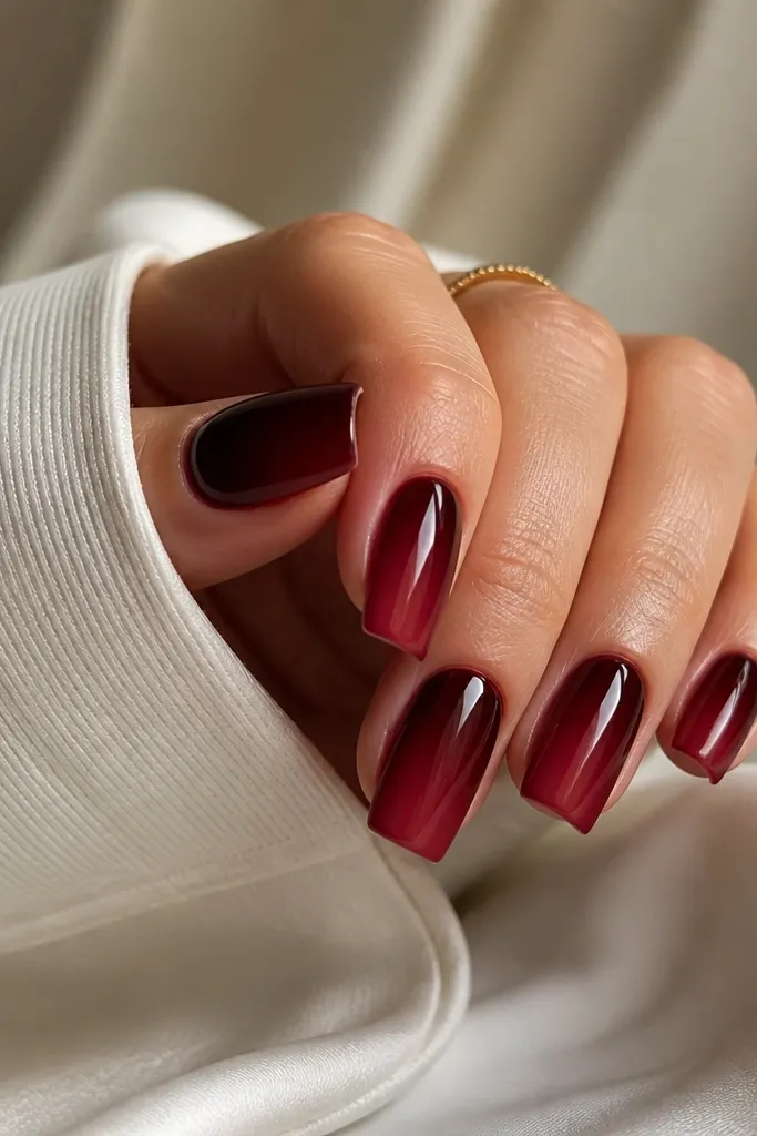 Square nails with a smooth fade from dark cherry near the cuticle to a slightly lighter cherry toward the tips, glossy.