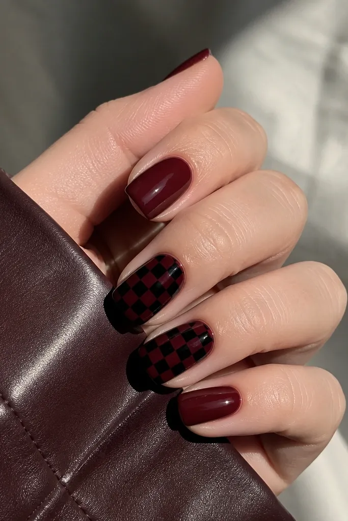 Two nails have a tiny black-and-dark-cherry checker pattern; the other nails are solid glossy dark cherry red, square shape.