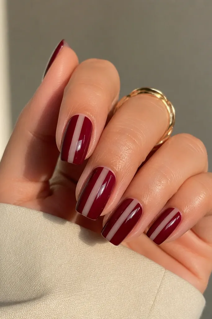 Dark cherry red square nails with a clear vertical strip down the center, like a see-through window, glossy.