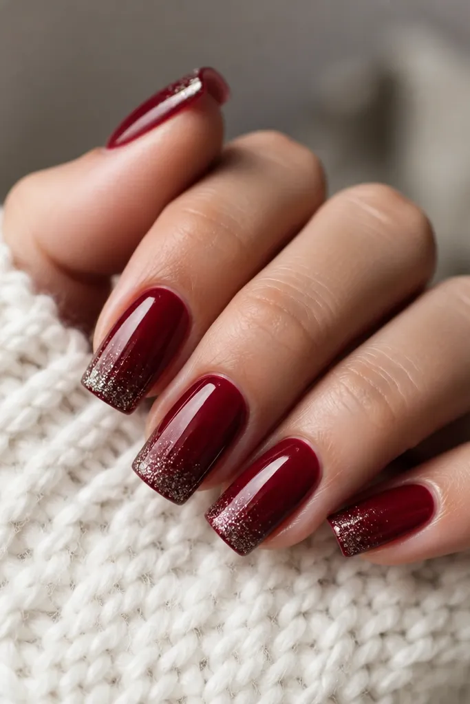 Solid dark cherry red square nails with fine silver micro-glitter concentrated at the tips, glossy and smooth.
