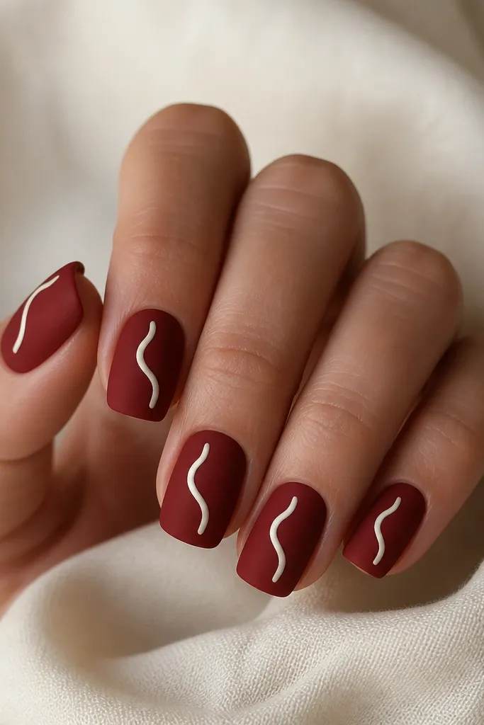 Matte dark cherry red square nails with a single glossy white squiggle on each nail, minimal line art.