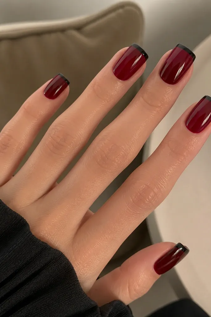 Square nails with dark cherry red fill and a thin black outline around the tip edge, like a border French, glossy.