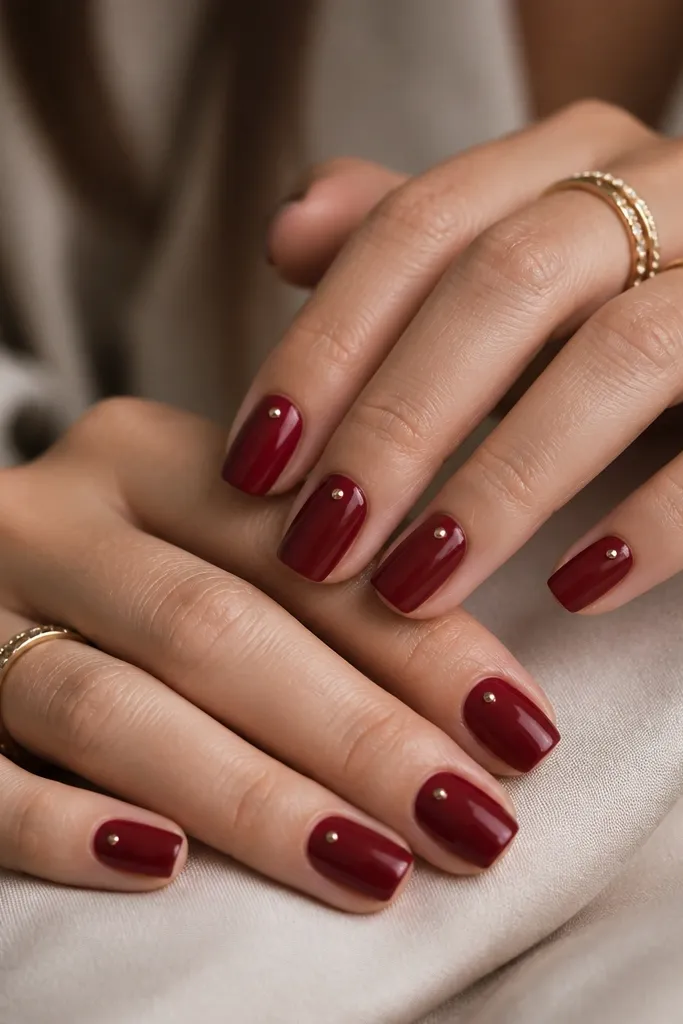 Solid glossy dark cherry red square nails with two tiny rose-gold micro studs on each nail near the sidewalls, evenly spaced.
