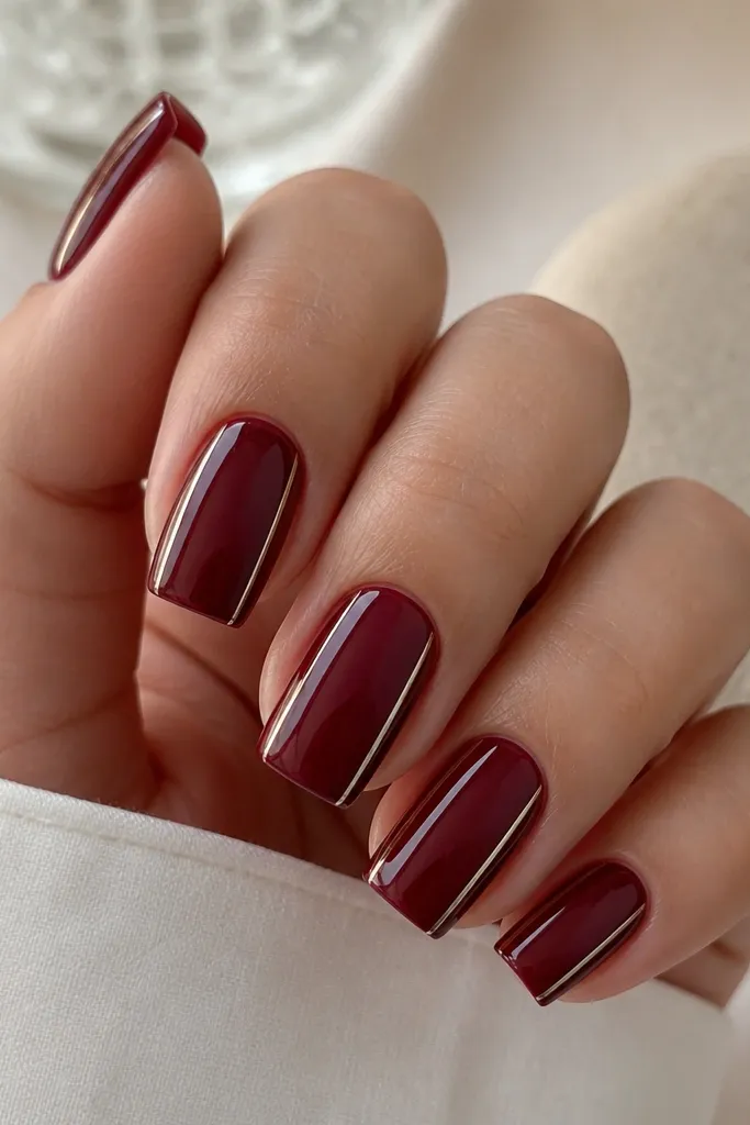 Dark cherry red square nails with one thin silver line running down each side near the perimeter, glossy.