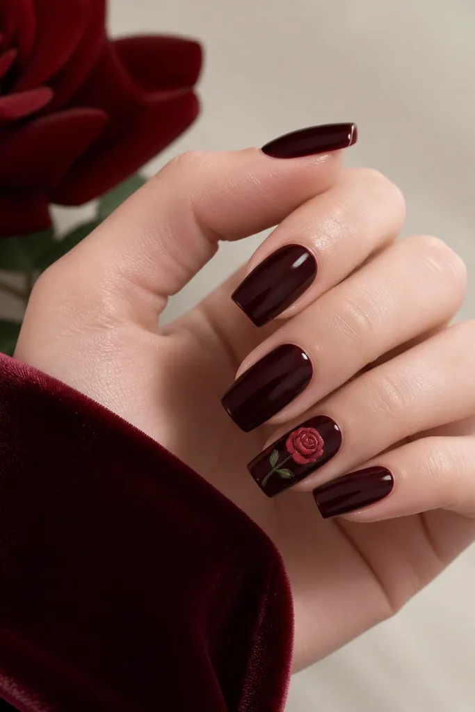 Four nails solid dark cherry red glossy; one nail has a matte dark cherry base with a small rose-shaped swirl in glossy light rose near the center.