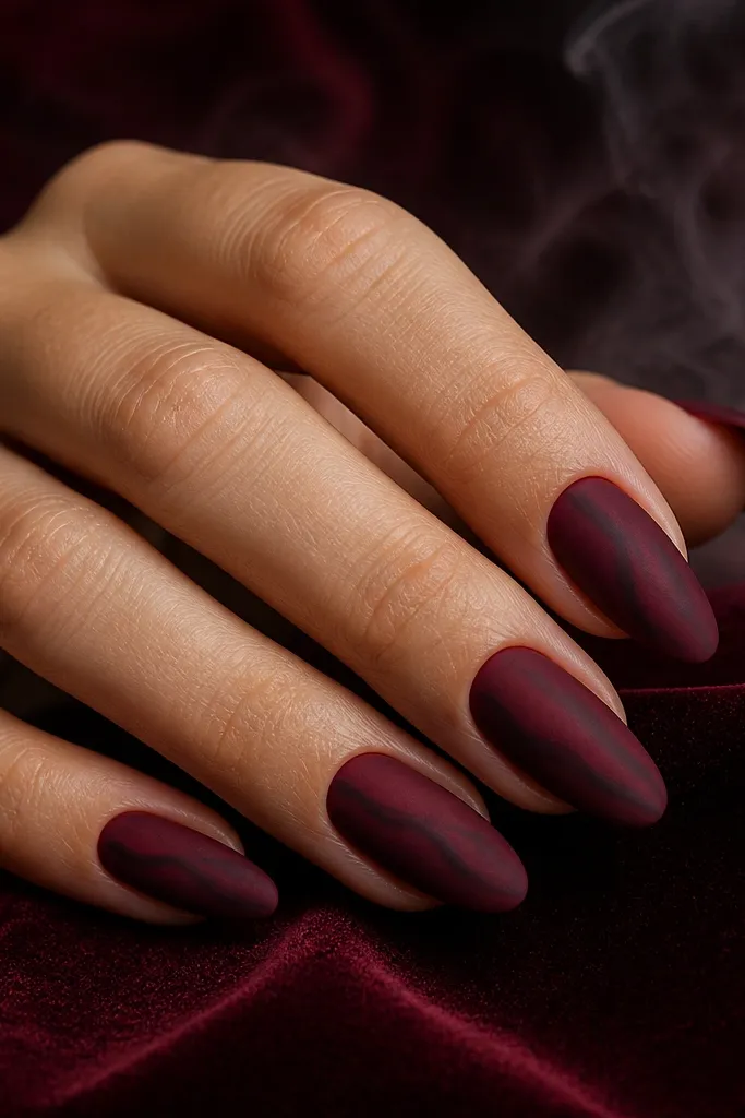 Almond nails in matte dark cherry red. One or two nails have a faint, smoky gray-to-burgundy diagonal line that fades toward the edges. The matte finish looks soft and non-reflective.