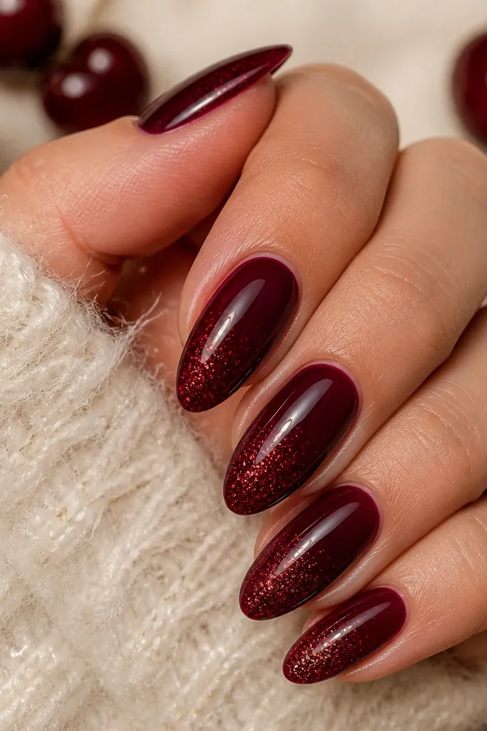 Almond nails with a crème dark cherry base. The tips have a subtle micro-glitter fade that gets denser near the free edge. Glossy top coat makes the glitter look suspended.
