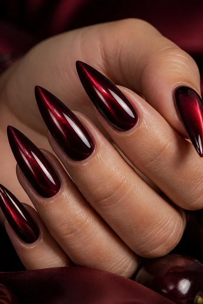 Dark cherry stiletto nails with a chrome cat-eye effect. A bright streak runs vertically down each nail, centered and sharp. The chrome looks metallic and reflective against the deep red base.