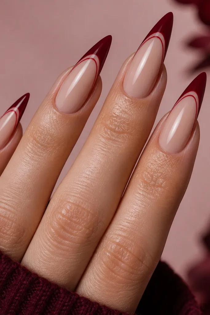 Stiletto nails with a dark cherry base and a French tip in a slightly brighter cherry. Around the French edge is a thin micro-outline line, creating a double-border effect.