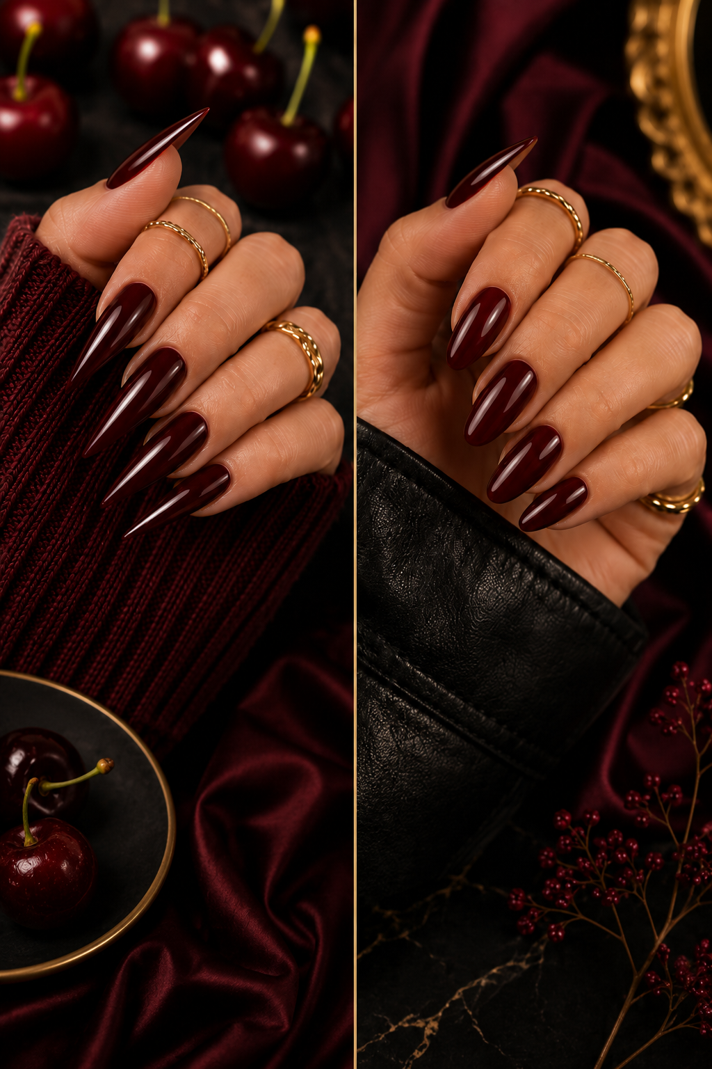 Stiletto vs Almond in Dark Cherry Red