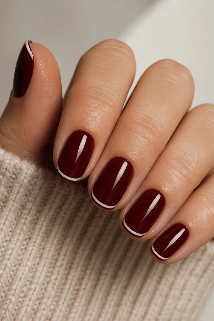 Five nails painted dark cherry red with a very thin white arc at the very tip, like a tiny crescent. The arc sits centered and leaves a narrow clear edge on both sides. Glossy finish.
