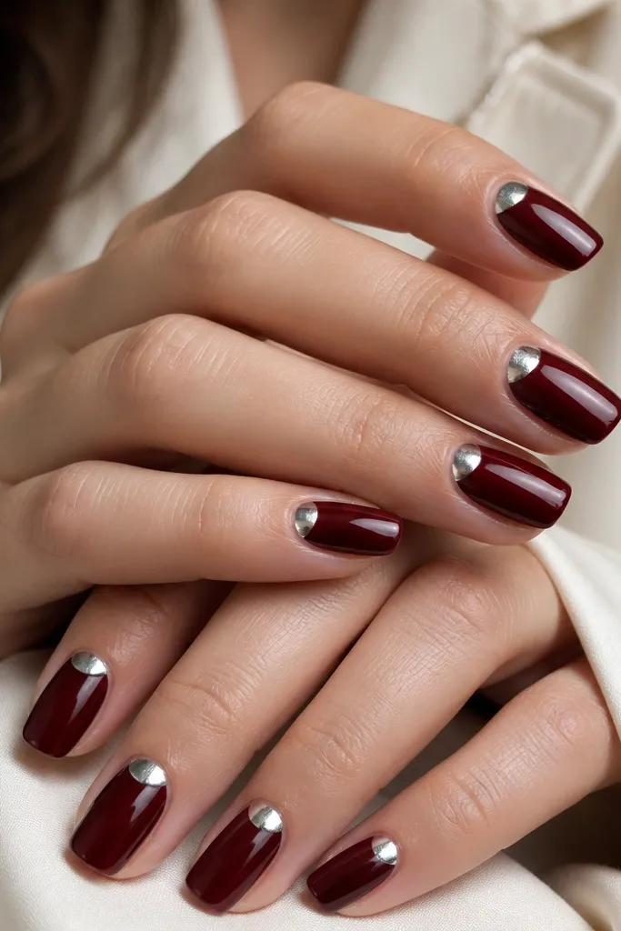 Dark cherry red nails with a crisp silver chrome half-moon right at the cuticle on every nail. The half-moon has a smooth, reflective edge and stays separated from the red by a tiny line. Glossy top coat over everything.