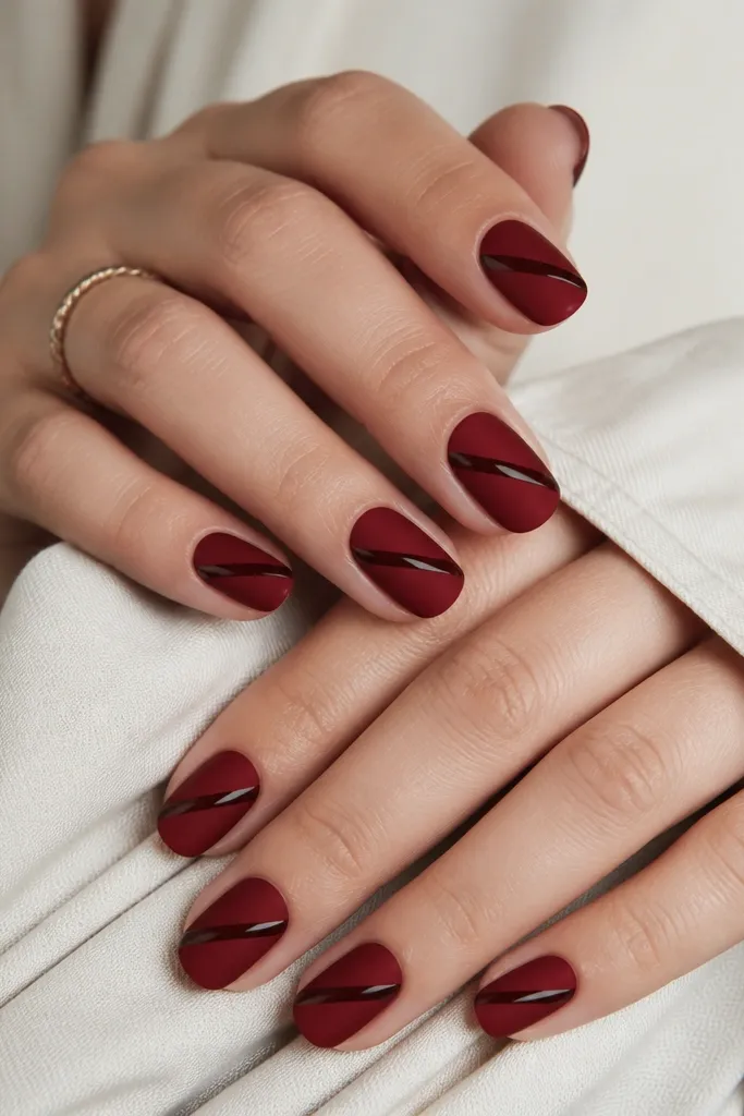 Nails are matte dark cherry red. On each nail, there is one diagonal glossy stripe running from lower left to upper right, about 1.5-2 mm wide, in deep black-red or clear gel that looks shiny. Clean cuticles.