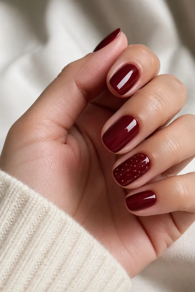 Dark cherry red nails with a micro dot grid on one accent nail. Dots are nude-beige, tiny, and arranged in a loose grid pattern. The other nails are solid cherry red. Glossy top coat.