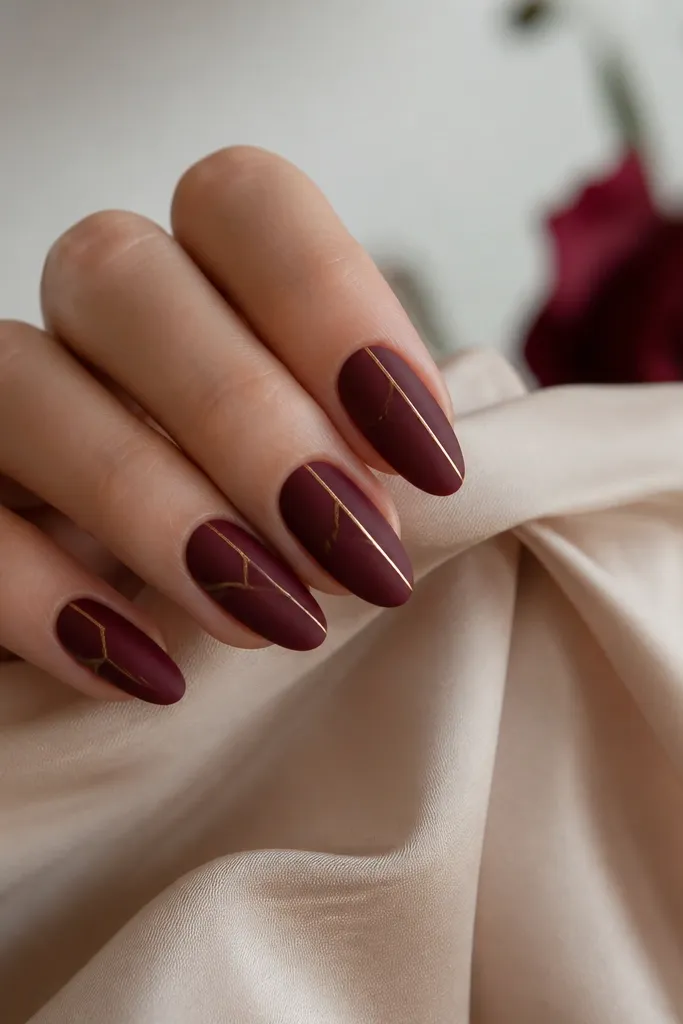Matte dark cherry nails with one or two fine gold lines on each nail. The lines start near the cuticle and angle toward the center, like a minimalist lightning bolt. Matte finish with thin glossy gold lines.
