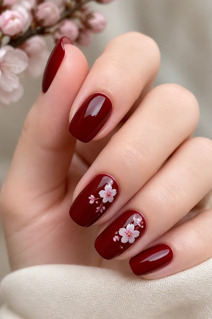 Dark cherry red nails with small cherry blossom decals on two nails. Blossoms are white with pale pink centers, placed near the ring finger cuticle-to-mid area. Other nails are solid cherry red. Glossy finish.