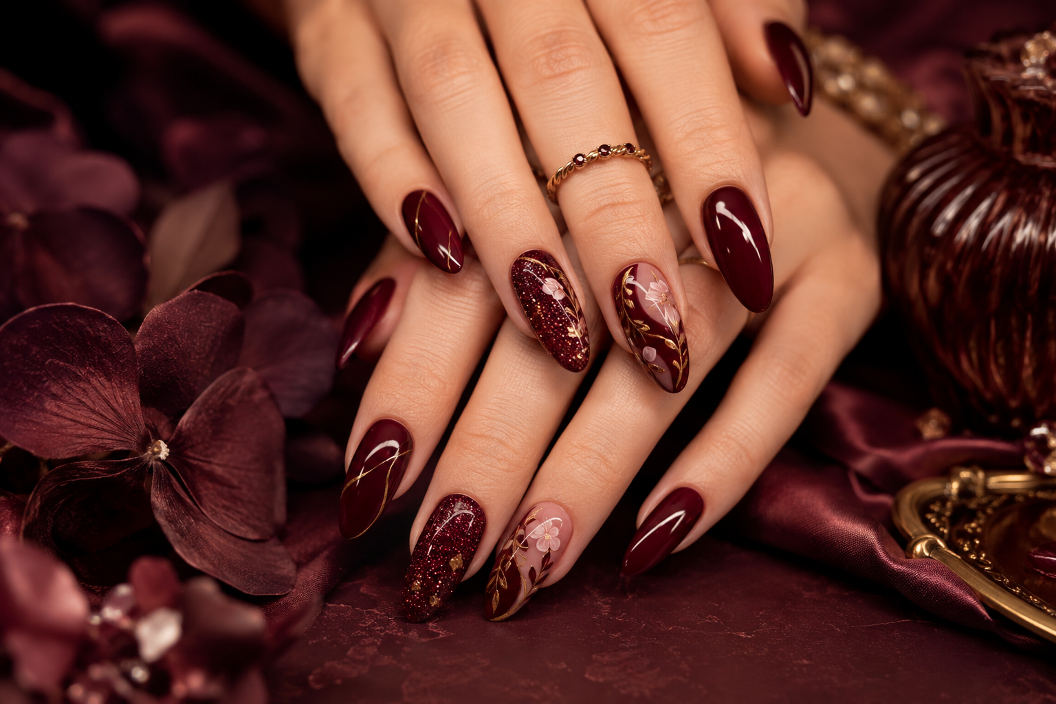 Creative Design Ideas for Dark Cherry Red Nails