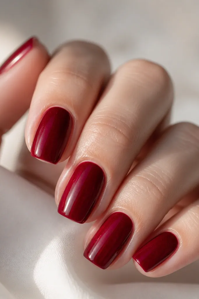 Five nails painted in a translucent dark cherry jelly red. The nails have a high-gloss finish and a faint, pearly micro-shimmer that shows only in the light; cuticles are clean and the shape is squoval.