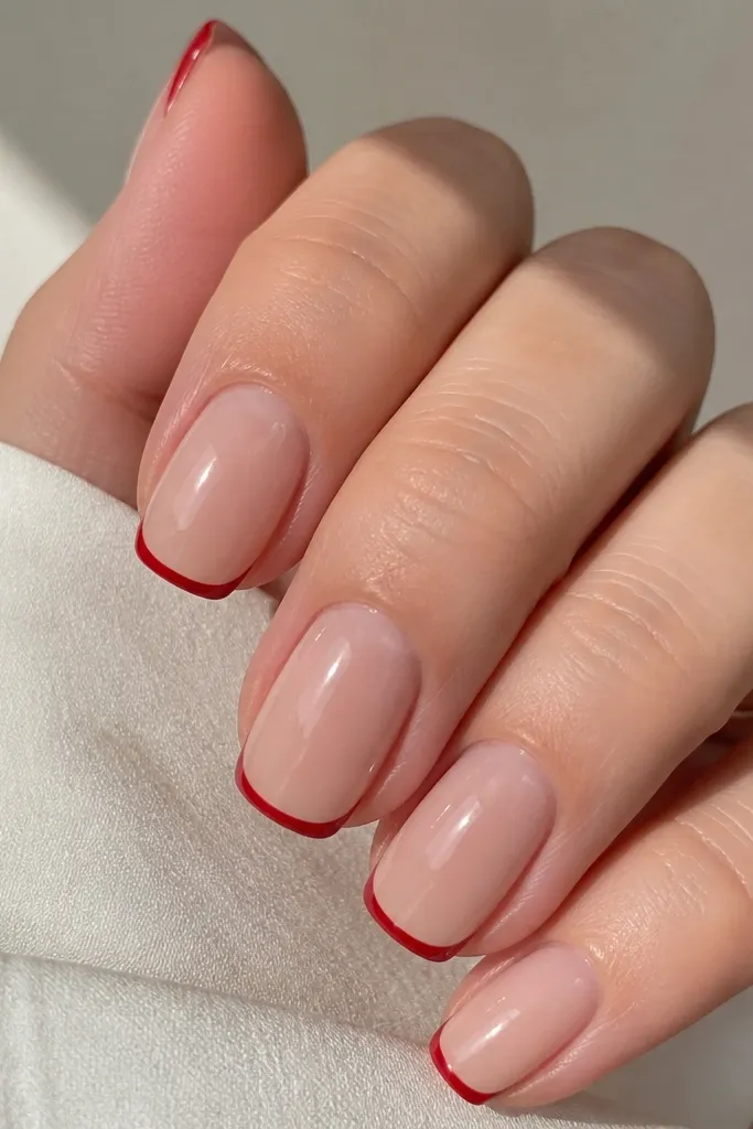 Nails with a sheer nude base and crisp cherry-red French tips. The tips are thin and slightly rounded, and the nude looks like a natural pink-beige. Glossy finish, clean smile line, squoval shape.