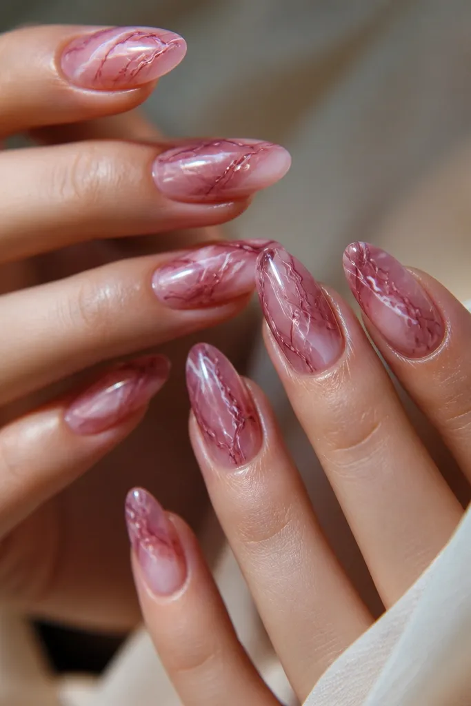 Transparent-to-sheer pink nails with dark cherry marble swirls. Thin white lines thread through the marbling, and the whole set is glossy and glass-like; almond shape.