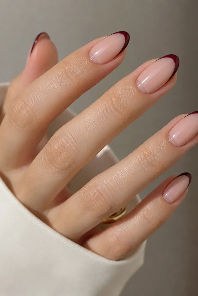 Glossy nude nails with tiny dark cherry French tips. Each nail also has a small negative space half-moon near the cuticle where skin shows through; almond shape.