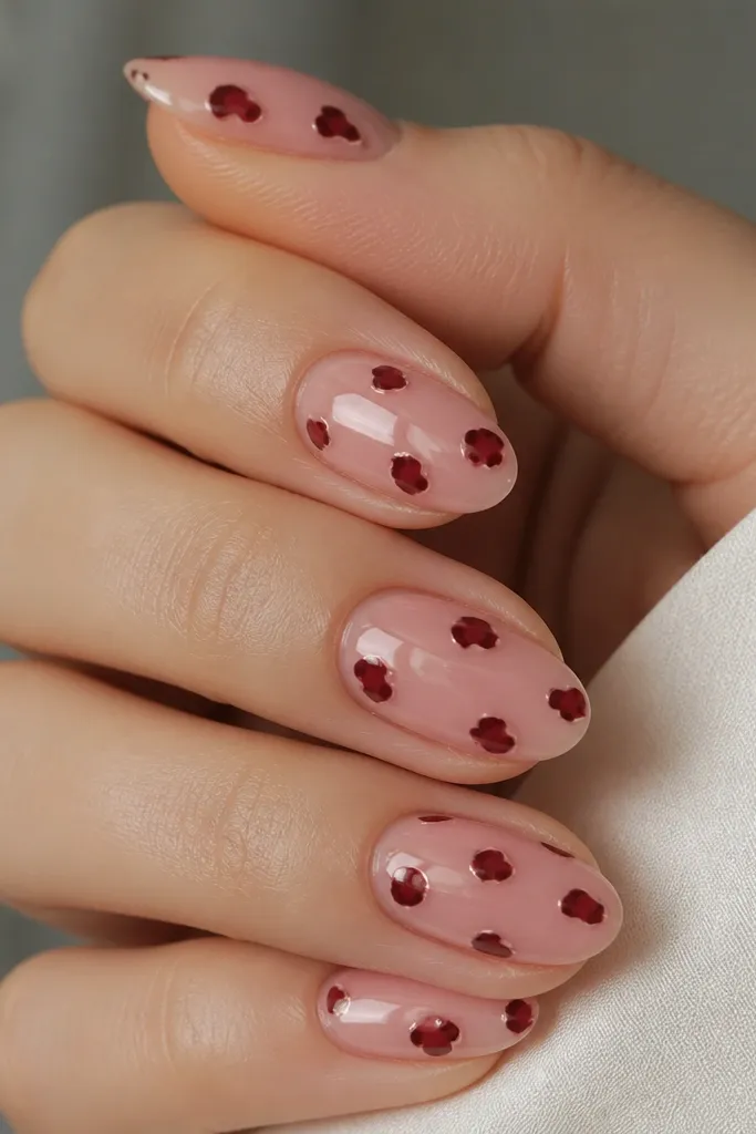 Sheer pink nails with scattered dark cherry leopard spots. The spots have tiny lighter edges, and the set is glossy; most nails have two to three spots each.