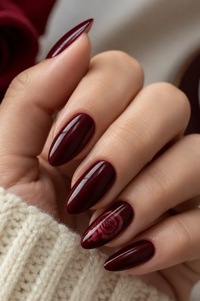 Four nails are glossy dark cherry solid. One accent nail has a small rose painted in darker and lighter cherry shades with tiny petal strokes near the center; almond shape.
