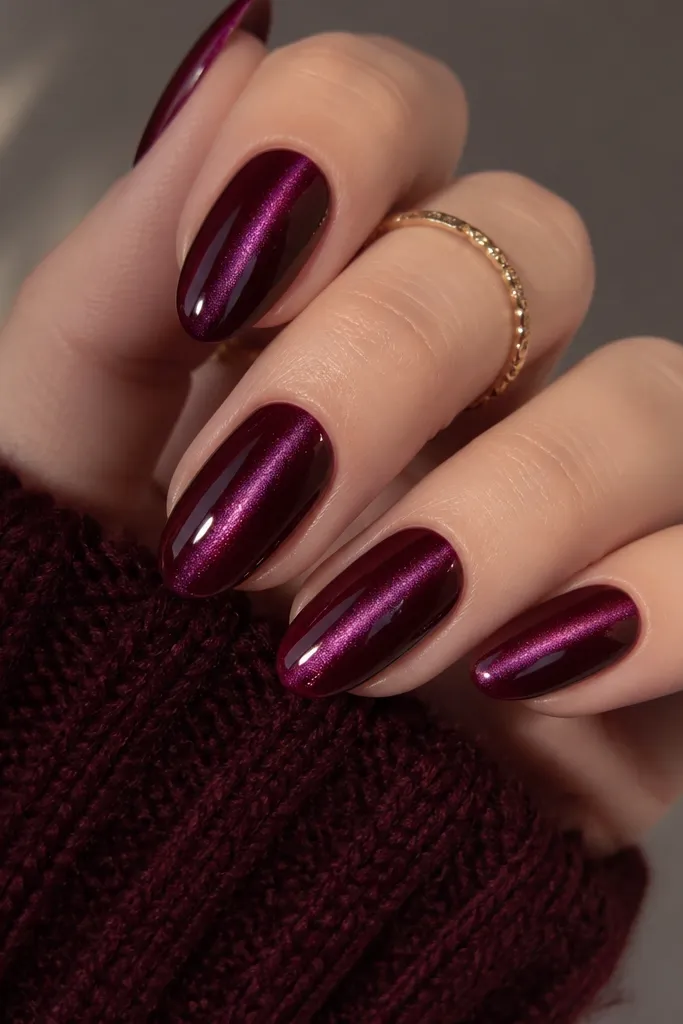 Glossy cat-eye nails in dark cherry red with a magnetic plum streak running vertically. The streak looks like a glowing line down the center; nails are almond shaped.