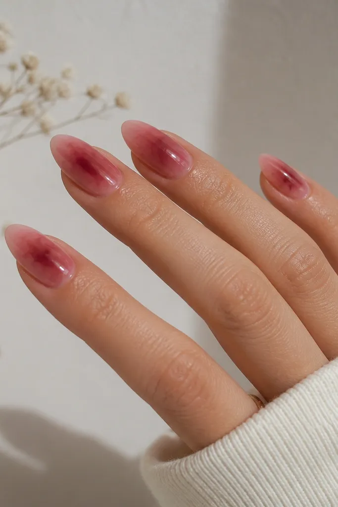 Nails that look like watercolor: dark cherry fades from the center outward with soft edges. A few clear, unpainted spots are left in the design, and the nails have a glossy finish.