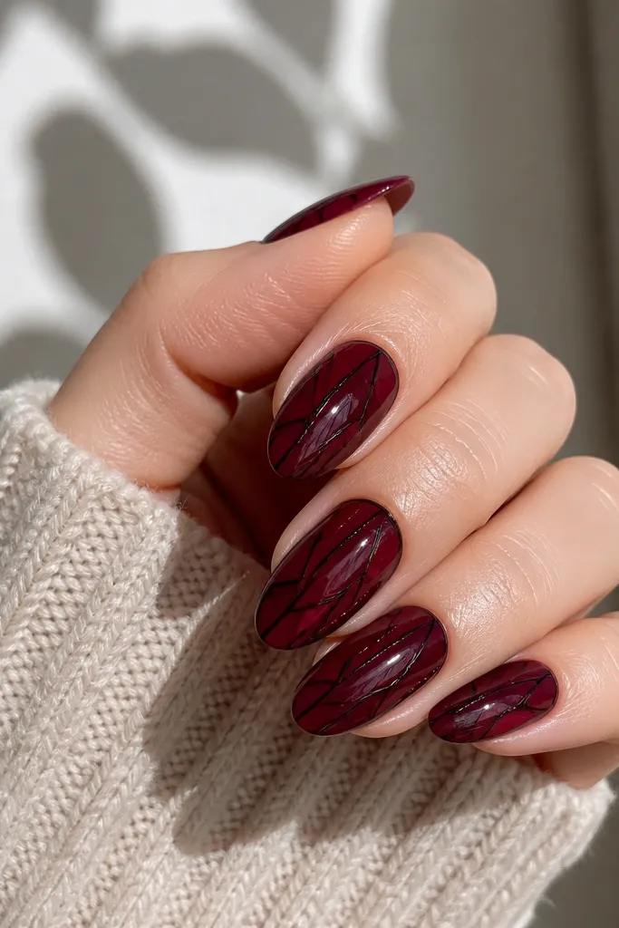 Glossy nails that look like stained glass: dark cherry color sections separated by thin black lines forming geometric panels. The nails are medium almond with a clean, modern layout.