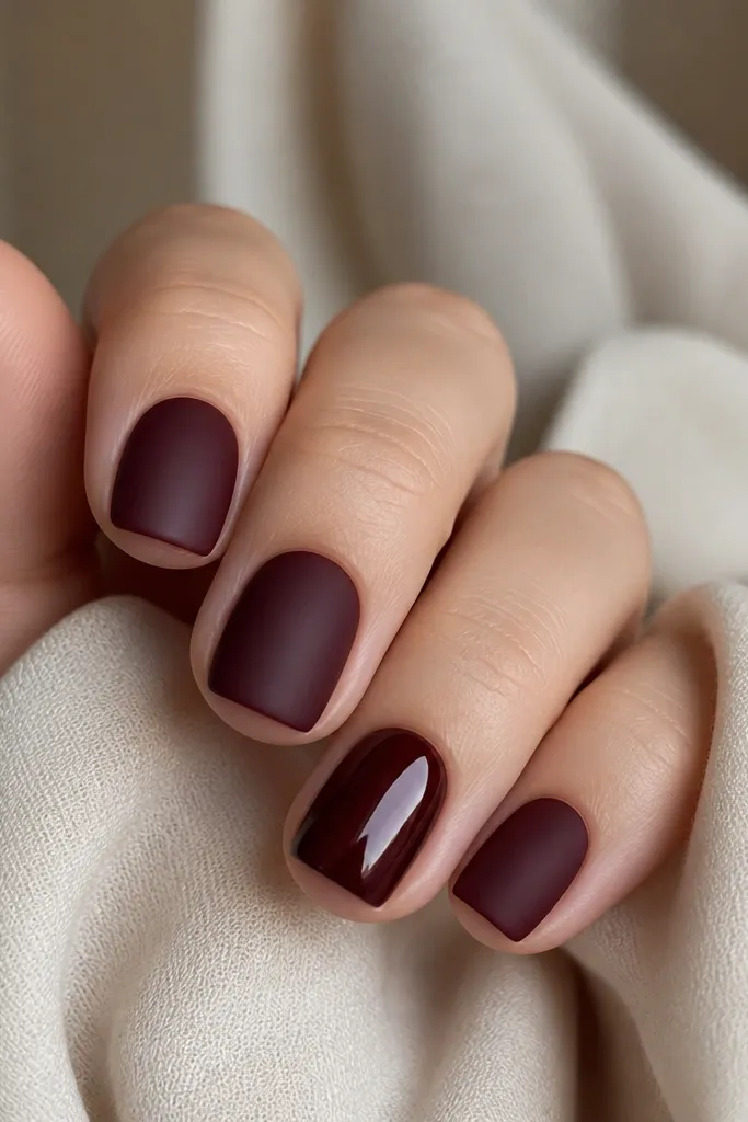 Most nails have a satin matte-smooth finish in dark cherry. One accent nail is glossy and mirror-like in the same color; nails are short squoval.