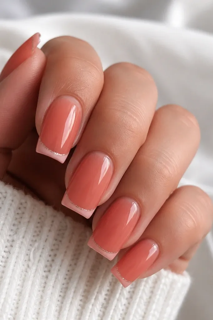Long square nails with a sheer coral jelly base. A thin white-pink French line sits at the tip, and a dusting of fine silver micro-glitter runs only along the very edge of the French. The cuticle area stays clear and clean, glossy and reflective.