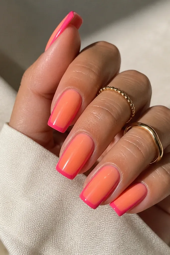 Long square nails with a sunset gradient: peach at the cuticle fading into orange and then soft coral at the tip. Each nail has a thin hot pink outline tracing the outer shape from sidewall to tip, leaving the center gradient visible. Glossy finish, no glitter.