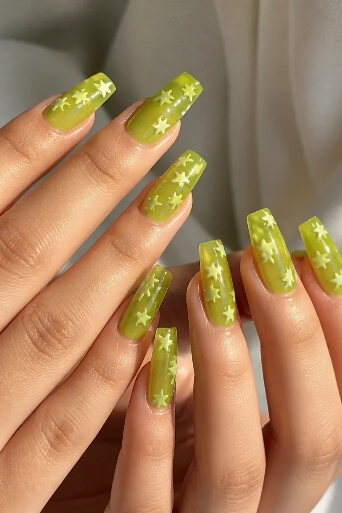 Long square nails with a translucent lime green jelly base. Tiny white star shapes are scattered mainly down the center line of each nail, with a few stars near the tip. Glossy and bright, with stars raised slightly by gel.