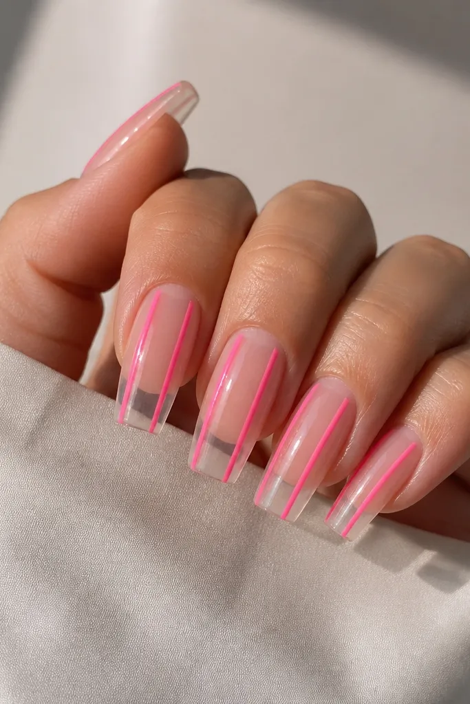 Long square nails with a clear base. Two neon pink straight lines run vertically from near the cuticle toward the tip, spaced about a third of the nail width apart. The rest of the nail is transparent and glossy.
