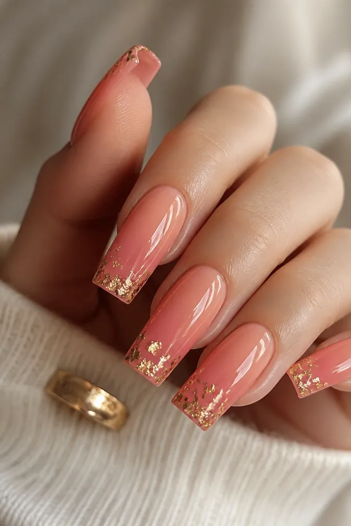 Long square nails with a soft ombre from sheer coral at the cuticle to rose pink at the tip. At the very tip edge, there are irregular gold foil pieces scattered like confetti. Glossy finish, foil catches light.