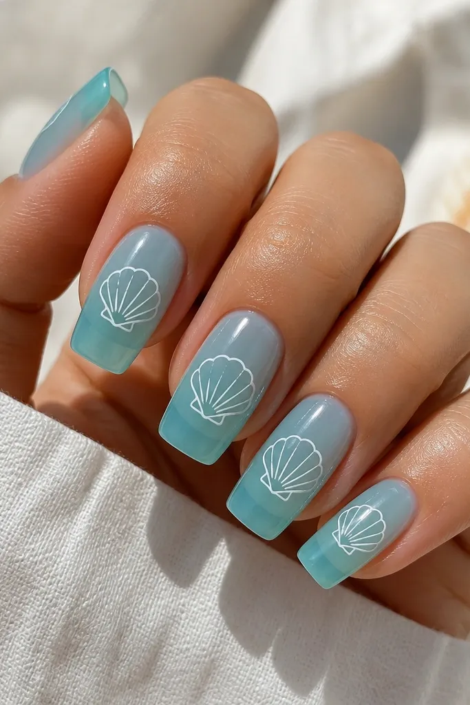 Long square nails with a translucent aqua jelly base. Each nail has a simple white shell outline drawn near the center, with a few short curved lines inside the shell. The design is minimal and glossy.